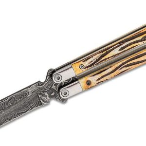 Bear and Sons Cutlery Butterfly Stag Knife – 4″ Plain Damascus Clip Point Blade