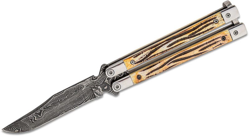 Bear and Sons Cutlery Butterfly Stag Knife - 4" Plain Damascus Clip Point Blade